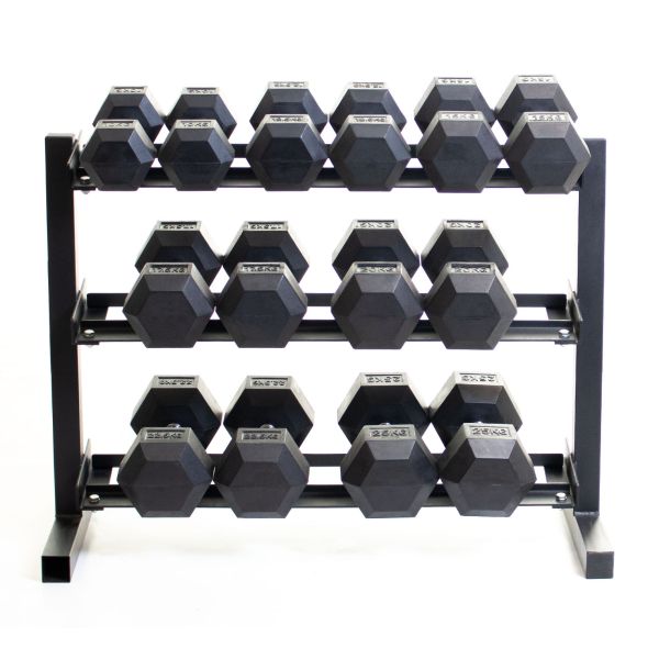 Body Power Rubber Hex Set - 10kg to 25kg and 40 Inch 3-Tier Rack