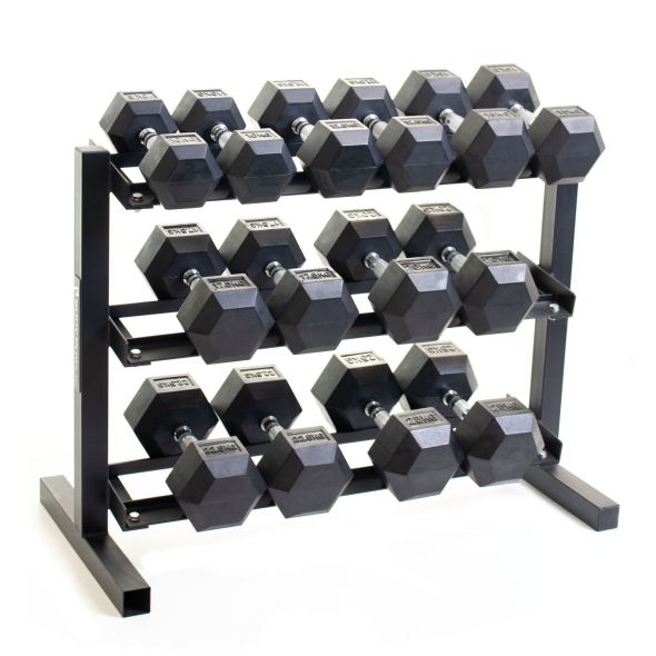 Body Power Rubber Hex Set - 10kg to 25kg and 40 Inch 3-Tier Rack