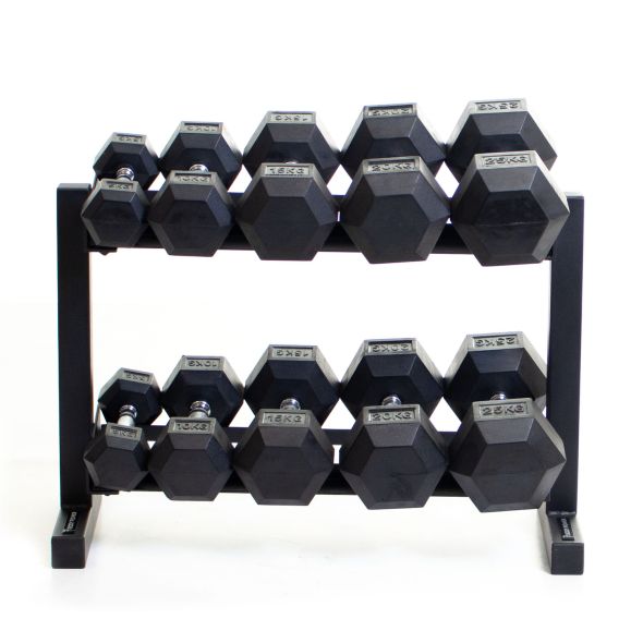 Body Power Rubber Hex Set - 5kg to 25kg and 32 Inch 2-Tier Rack