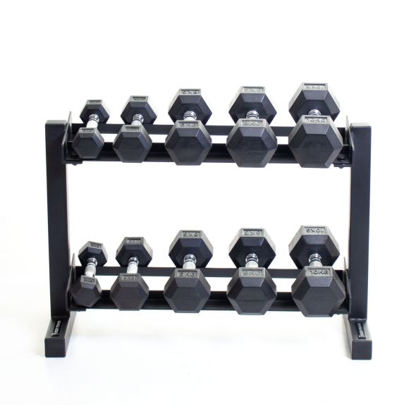 Body Power Rubber Hex Set - 2kg to 10kg and 32 Inch 2-Tier Rack