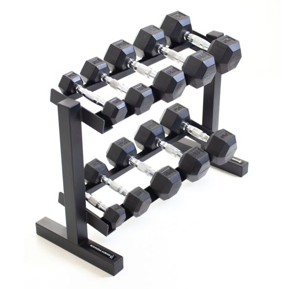 Body Power Rubber Hex Set - 2kg to 10kg and 32 Inch 2-Tier Rack