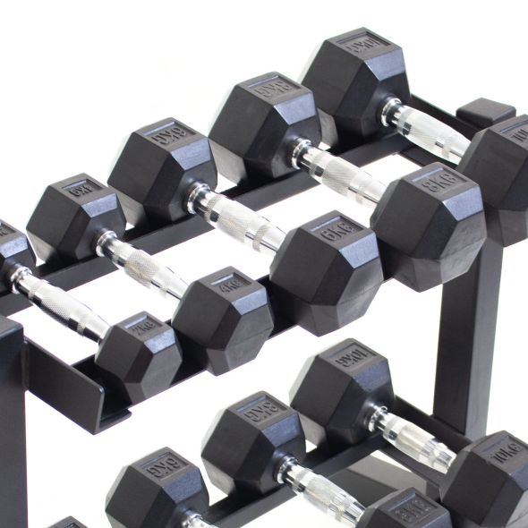 Body Power Rubber Hex Set - 2kg to 10kg and 32 Inch 2-Tier Rack