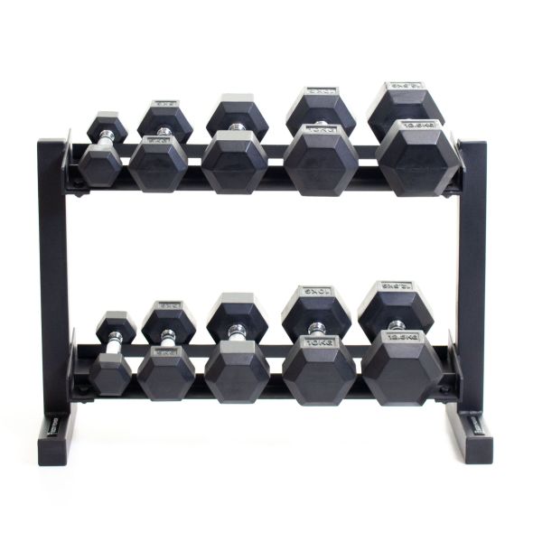 Body Power Rubber Hex Set - 2.5kg to 12.5kg and 32 Inch 2-Tier Rack