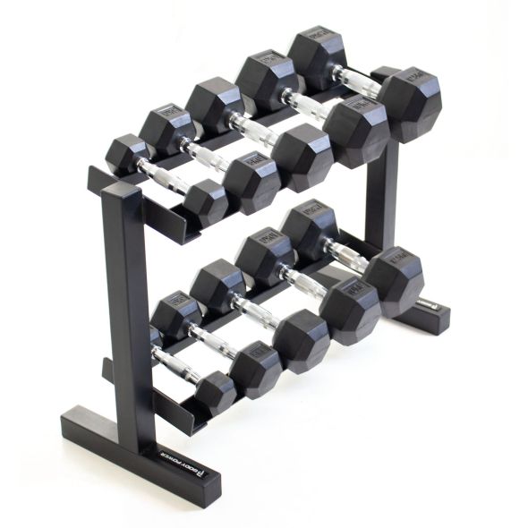 Body Power Rubber Hex Set - 2.5kg to 12.5kg and 32 Inch 2-Tier Rack