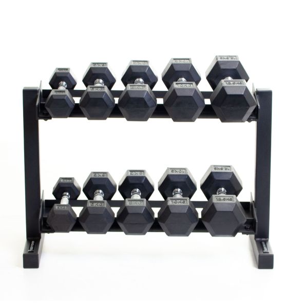 Body Power Rubber Hex Set - 4kg to 12.5kg and 32 Inch 2-Tier Rack