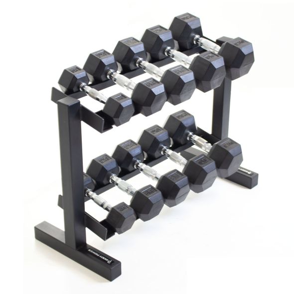 Body Power Rubber Hex Set - 4kg to 12.5kg and 32 Inch 2-Tier Rack