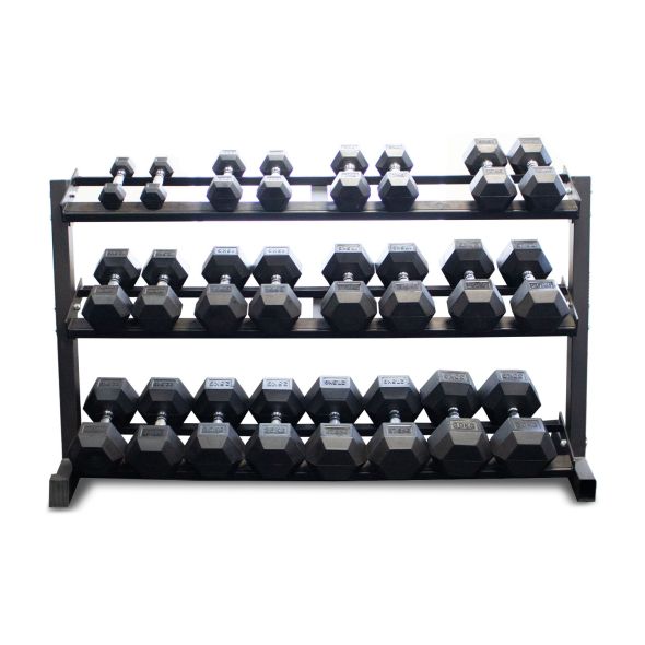 Body Power Rubber Hex Set - 2.5kg to 30kg and 62 Inch 3-Tier Rack