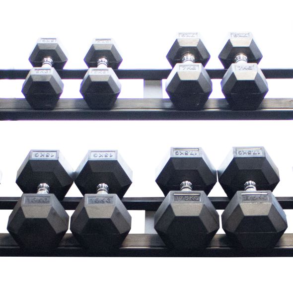 Body Power Rubber Hex Set - 2.5kg to 30kg and 62 Inch 3-Tier Rack