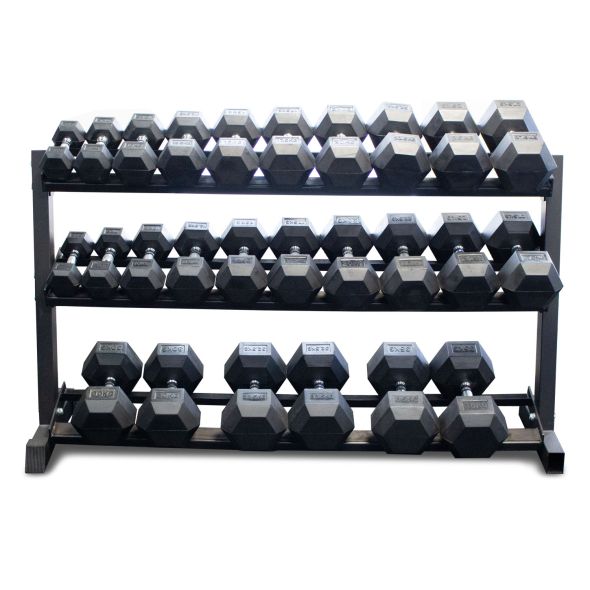 Body Power Rubber Hex Set - 5kg to 35kg and 62 Inch 3-Tier Rack