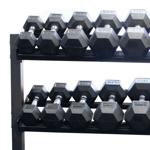 Body Power Rubber Hex Set - 5kg to 35kg and 62 Inch 3-Tier Rack