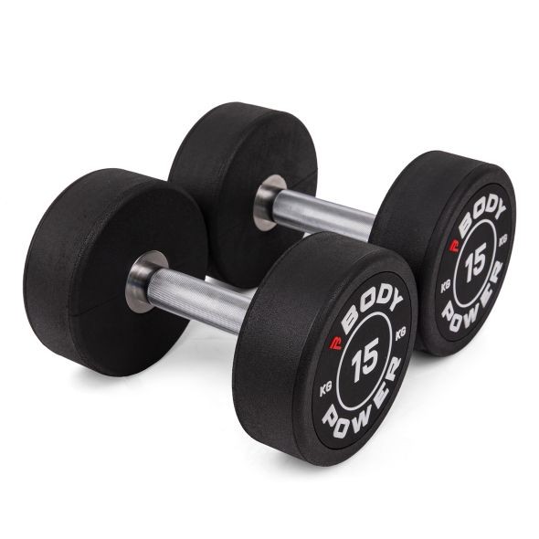 Body Power 15kg Pro Round Rubber Dumbbells (x2)