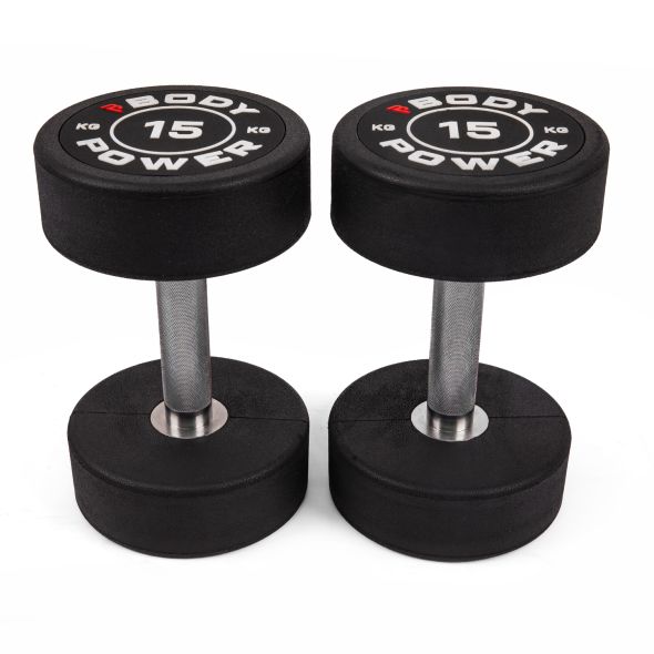 Body Power 15kg Pro Round Rubber Dumbbells (x2)