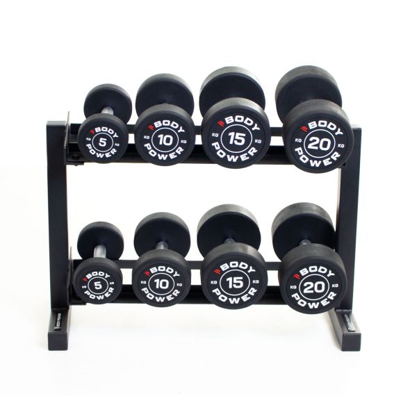Body Power Pro Round Rubber Dumbbell Set - 5kg to 20kg and 32 Inch 2-Tier Rack