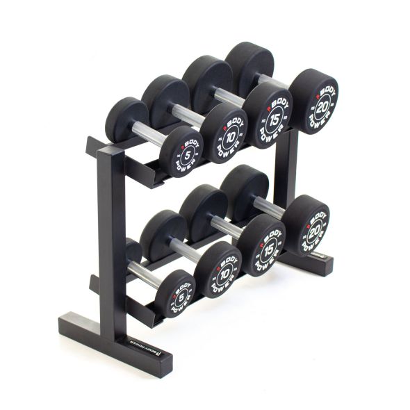 Body Power Pro Round Rubber Dumbbell Set - 5kg to 20kg and 32 Inch 2-Tier Rack