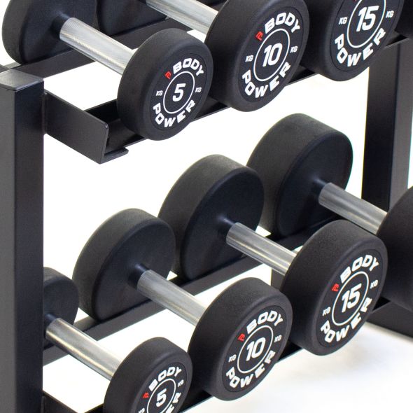 Body Power Pro Round Rubber Dumbbell Set - 5kg to 20kg and 32 Inch 2-Tier Rack