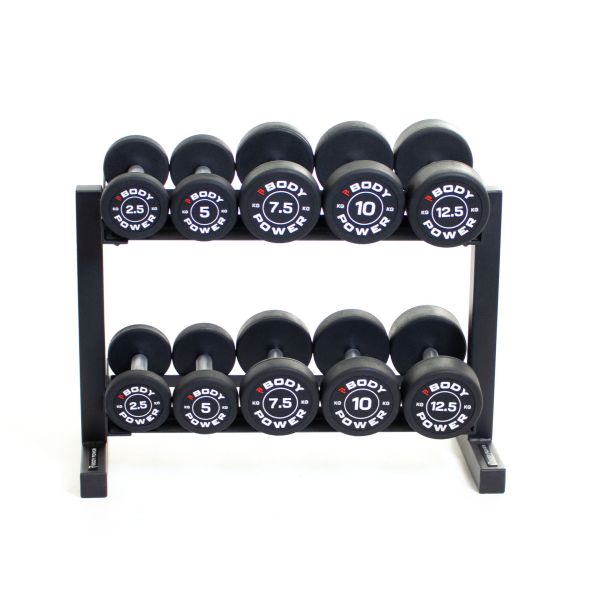 Body Power Pro Round Rubber Dumbbell Set - 2.5kg to 12.5kg and 32 Inch 2-Tier Rack