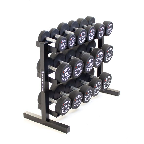 Body Power Pro Round Rubber Dumbbell Set - 5kg to 25kg and 40 Inch 3-Tier Rack