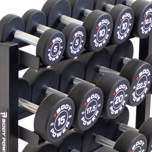 Body Power Pro Round Rubber Dumbbell Set - 5kg to 25kg and 40 Inch 3-Tier Rack