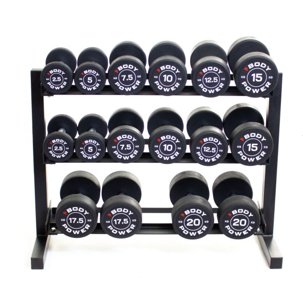 Body Power Pro Round Rubber Dumbbell Set - 2.5kg to 20kg and 40 Inch 3-Tier Rack