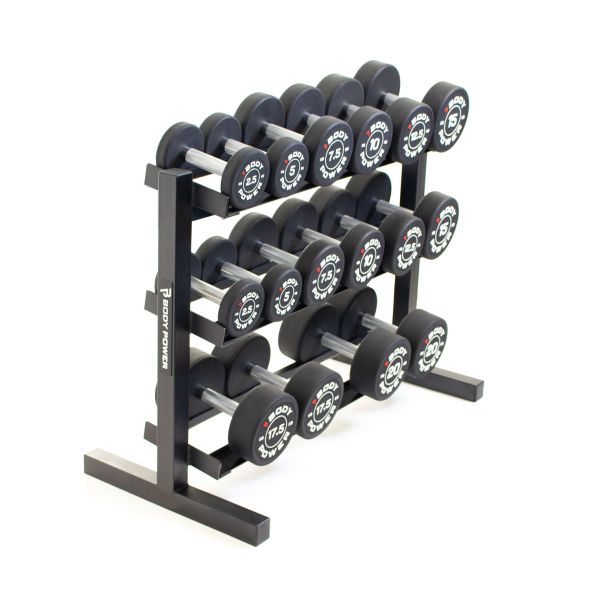 Body Power Pro Round Rubber Dumbbell Set - 2.5kg to 20kg and 40 Inch 3-Tier Rack