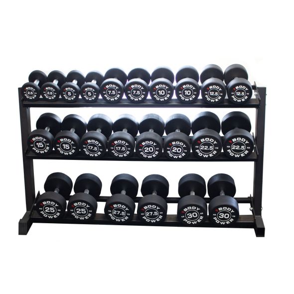 Body Power Pro Round Rubber Dumbbell Set - 2.5kg to 30kg and 62 Inch 3-Tier Rack