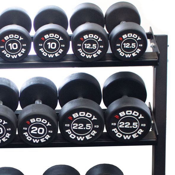 Body Power Pro Round Rubber Dumbbell Set - 2.5kg to 30kg and 62 Inch 3-Tier Rack