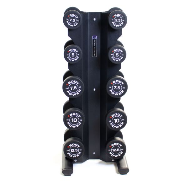 Body Power Pro Round Rubber Dumbbell Set - 2.5kg to 12.5kg and 5-Pair X-Series Rack
