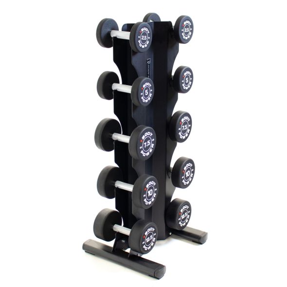 Body Power Pro Round Rubber Dumbbell Set - 2.5kg to 12.5kg and 5-Pair X-Series Rack