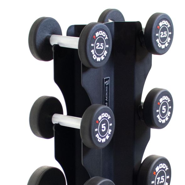Body Power Pro Round Rubber Dumbbell Set - 2.5kg to 12.5kg and 5-Pair X-Series Rack