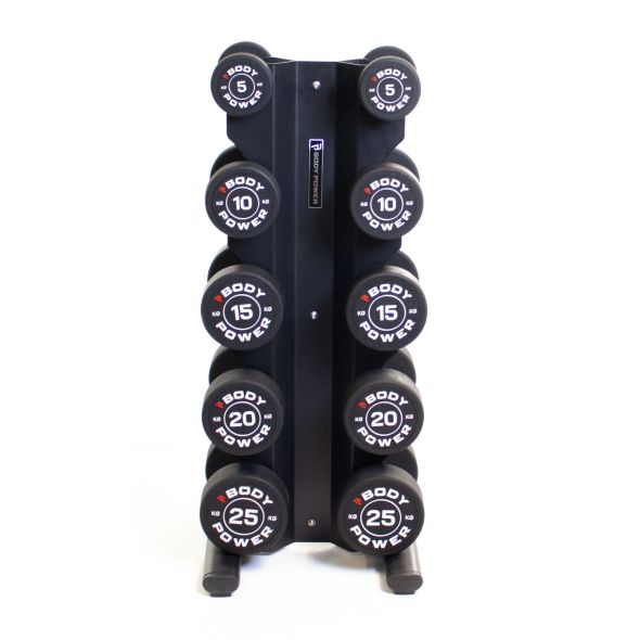 Body Power Pro Round Rubber Dumbbell Set - 5kg to 25kg and 5-Pair X-Series Rack