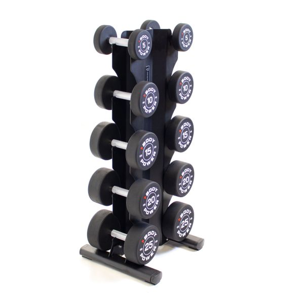 Body Power Pro Round Rubber Dumbbell Set - 5kg to 25kg and 5-Pair X-Series Rack