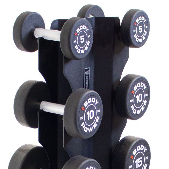 Body Power Pro Round Rubber Dumbbell Set - 5kg to 25kg and 5-Pair X-Series Rack