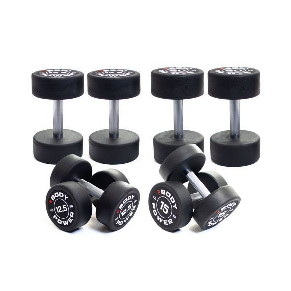 Body Power Pro Round Rubber Dumbbell Set - 12.5kg, 15kg, 17.5kg and 20kg Pairs