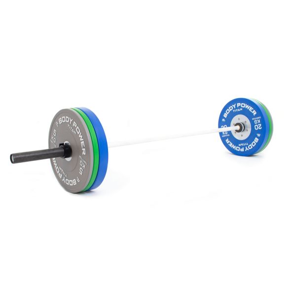 Body Power TITAN 90kg Competition Bumper Plate Set with Competition Teflon Barbell in White
