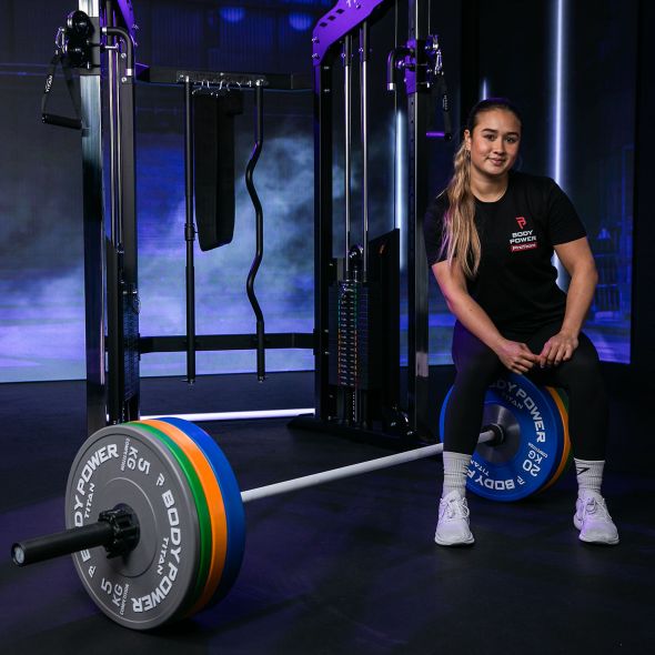 Body Power TITAN 90kg Competition Bumper Plate Set with Competition Teflon Barbell in White