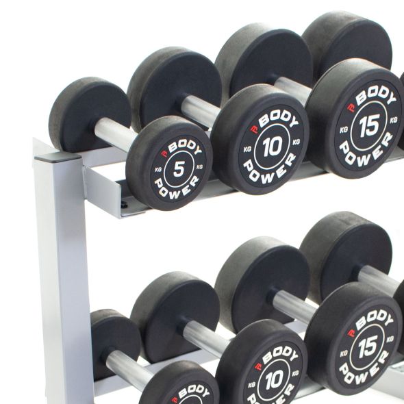 Body Power Pro Round Rubber Dumbbell Set - 5kg to 20kg & 2-Tier 32in Rack