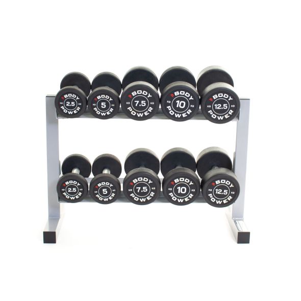 Body Power Pro Round Rubber Dumbbell Set - 2.5kg to 12.5kg & 2-Tier 32in Rack