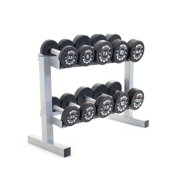 Body Power Pro Round Rubber Dumbbell Set - 2.5kg to 12.5kg & 2-Tier 32in Rack