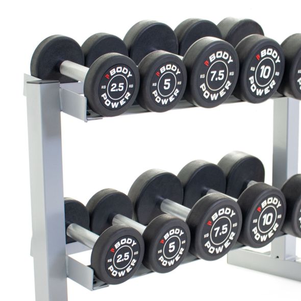 Body Power Pro Round Rubber Dumbbell Set - 2.5kg to 12.5kg & 2-Tier 32in Rack