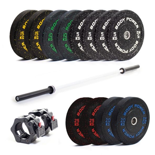 Body Power 180kg Hi-Temp Rubber Crumb Olympic Bumper Kit with Competition Teflon Barbell in White