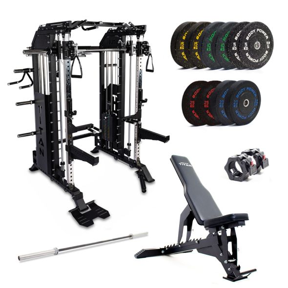 Body Power TITAN MFT Elite - Multi-Functional Trainer with Counterbalanced Smith and Half Rack, 170kg Rubber Crumb Olympic Bumper Plate and Bar Set and F2I V2 Bench
