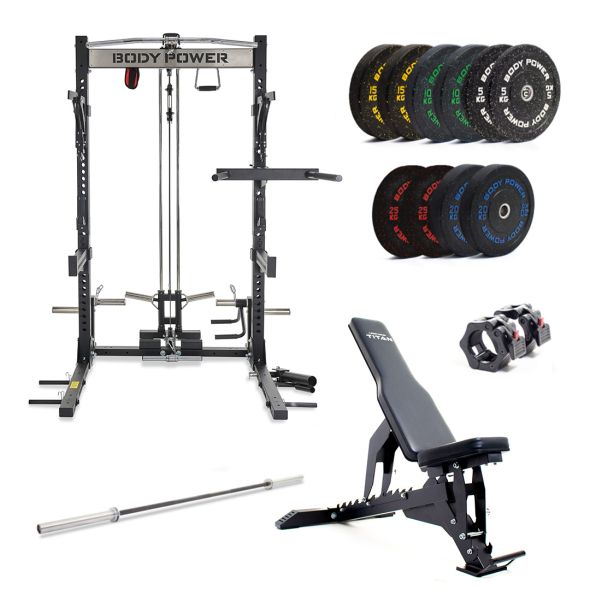 Body Power TITAN Half Rack - Upgraded, with 170kg Rubber Crumb Olympic Bumper Plate and Bar Set plus F2I V2 Bench