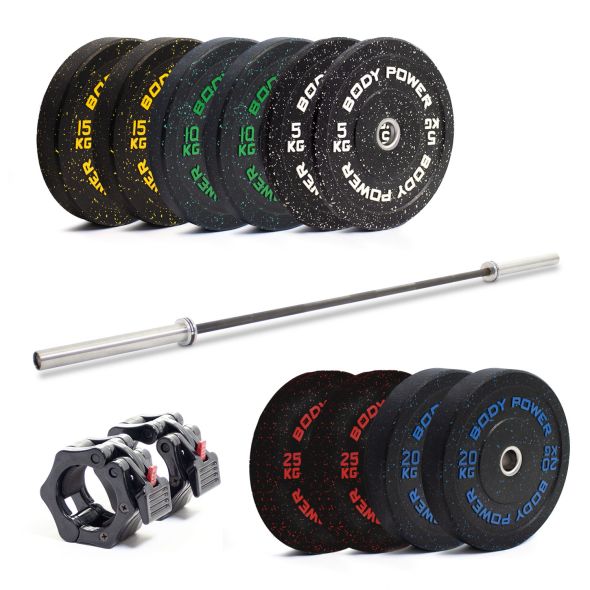 Body Power TITAN Half Rack - Upgraded, with 170kg Rubber Crumb Olympic Bumper Plate and Bar Set plus F2I V2 Bench