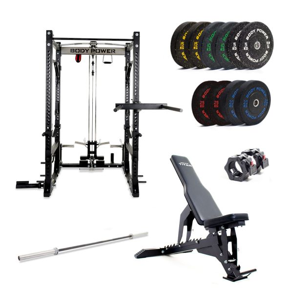 Body Power TITAN Full Rack - Upgraded, with 170kg Rubber Crumb Olympic Bumper Plate and Bar Set plus F2I V2 Bench