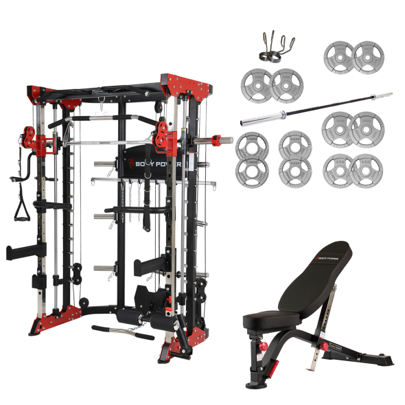 Body Power Multi-Function Smith Machine with Half Rack & Dual Adjustable Pulley, 147.5kg Cast Iron Tri-Grip Olympic Weight Set and Compact Flat to Incline Utility Bench